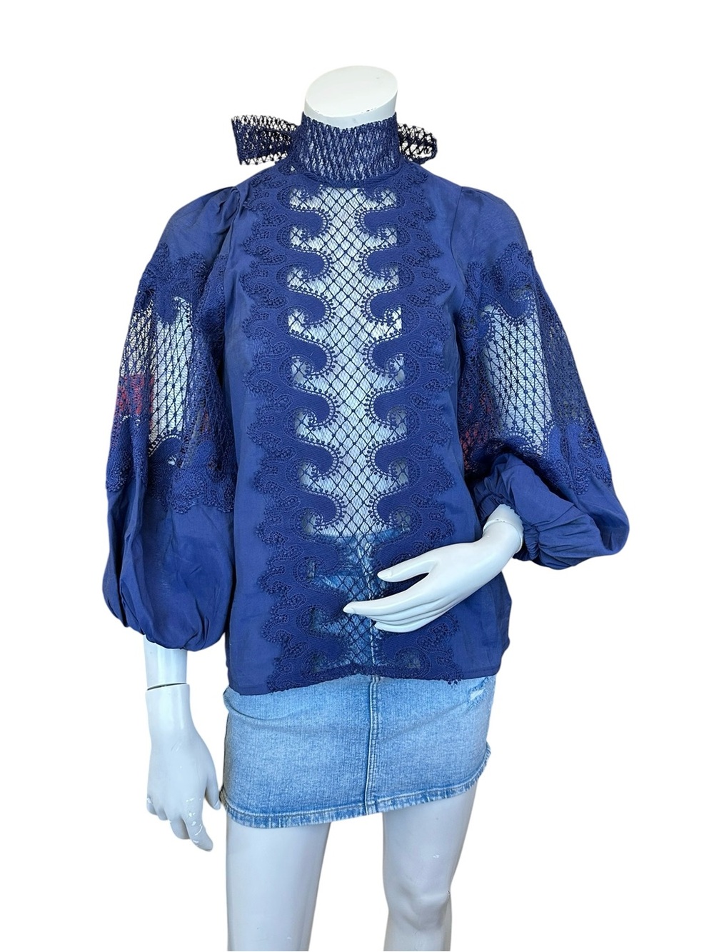 Benaar LA Blue High Neck Puff Sleeve Lace Detail Avant Garde Blouse Size Medium